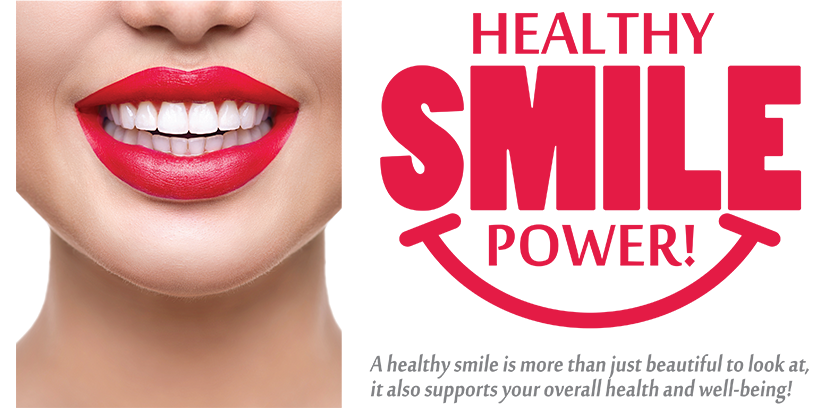 The image features a close-up of a person s face with a bold red lipstick, displaying the text  HEALTHY SMILE POWER  and promoting a dental service.